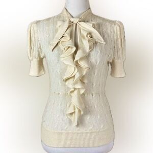 Ralph Lauren Ruffle Creamy Tie Neck Sheer Cable Knit Linen Alpaca S/S Sweater